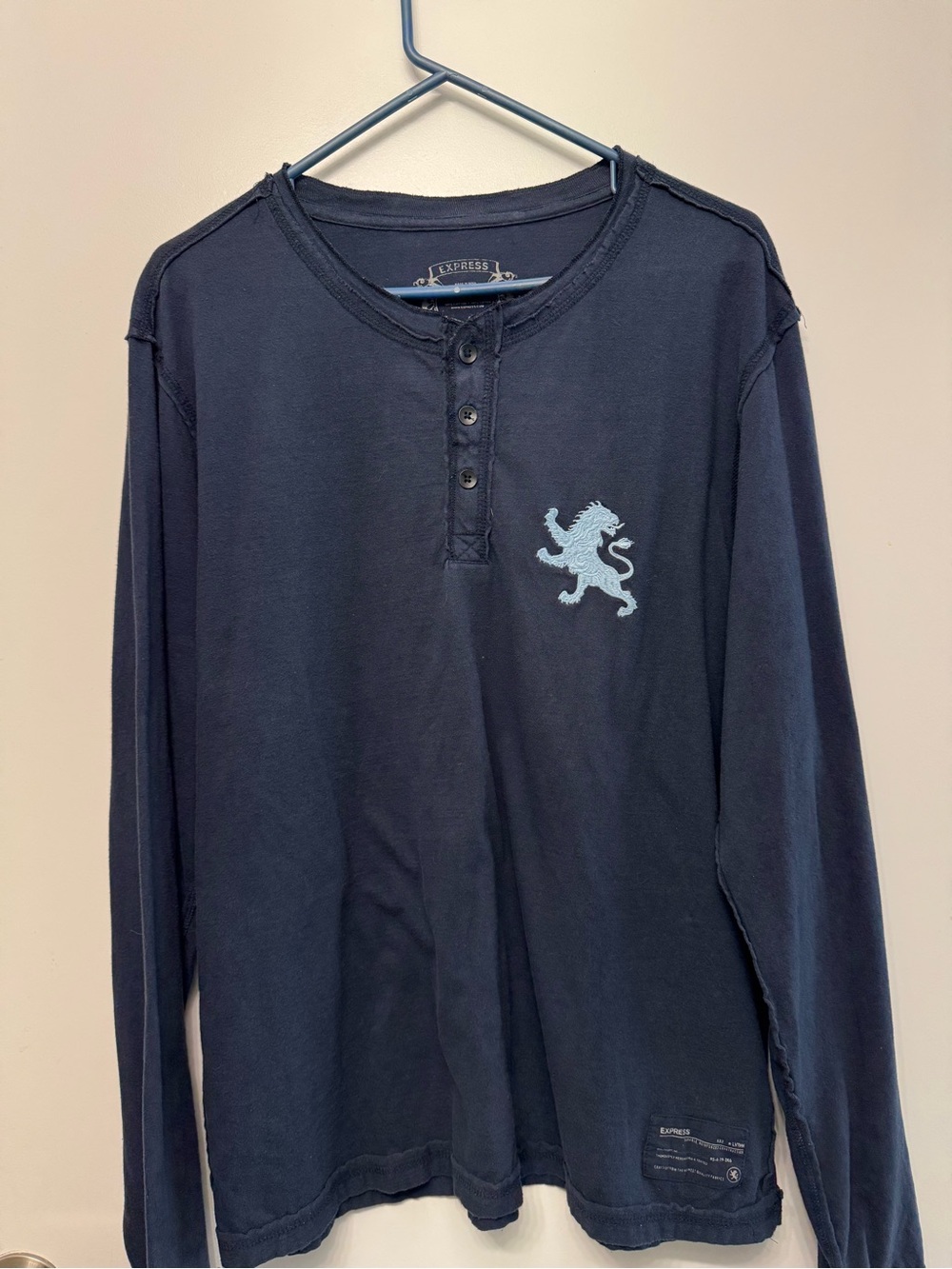 Express Navy Cotton Henley with Cream Lion Crest